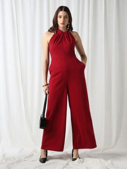 Globus - Womens Maroon Twisted Halter Neck Pleated Wide Leg Jumpsuit