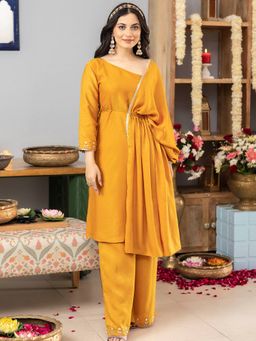Lavanya The Label - Mustard One Shoulder Apricot Kurta With Cape (Set of 3)