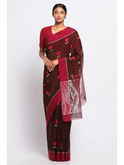 Via East - Maroon Silk Chanderi Aarika Saree with Unstitched Blouse