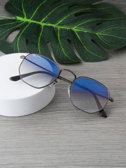 TED SMITH - Unisex Hexagonal Sunglasses Gunmetal Frame Blue Graded Glass Lenses