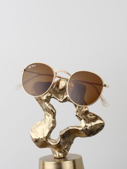 TED SMITH - Unisex Round Sunglasses Gold Metal Frame Dark Brown Glass Lenses 100% Uv Protection