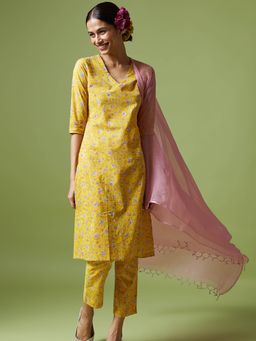 Okhai - Yellow Heavenly Sky Hand Block Printed Kurta Pant Dupatta (Set of 3)
