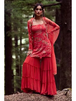 Paulmi & Harsh - Poppy Red Floral Print Kurta (Set of 3)