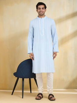 Fabindia - Men Blue Embroidered Kurta