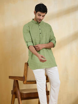 Fabindia - Men Green Self Design Kurta