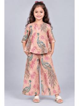 KEVORA APPARELS - Girls Peach Cotton Blend Three Fourth Sleeves Top and Pant
