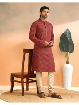 Fabindia - Maroon Cotton Printed Slim Fit Kurta
