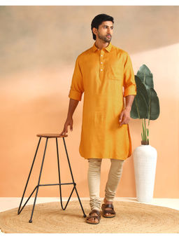 Fabindia - Yellow Viscose Silk Blend Dobby Slim Fit Pathani