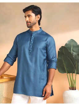 Fabindia - Blue Viscose Silk Embroidered Short Kurta