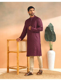Fabindia - Maroon Viscose Silk Embroidered Slim Fit Kurta