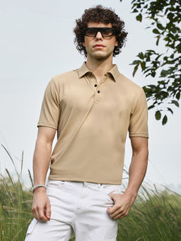 Campus Sutra - Men Buff Beige Solid Knit Polo T-Shirt