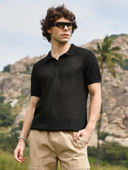 Campus Sutra - Men Raven Black Knit Polo T-Shirt