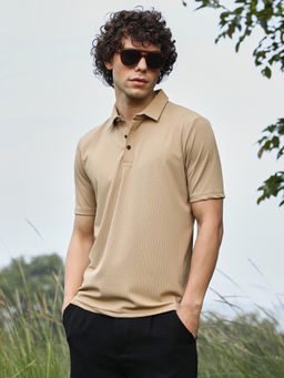 Campus Sutra - Men Buff Beige Textured Knit Polo T-Shirt