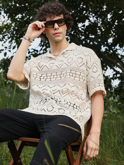 Campus Sutra - Men Off White Bohemian Oversized Polo T-Shirt