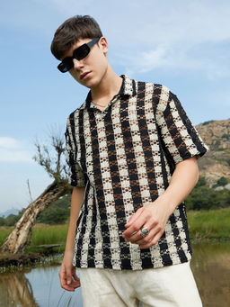 Campus Sutra - Obsidian Black and Off-White Oversized Polo T-Shirt