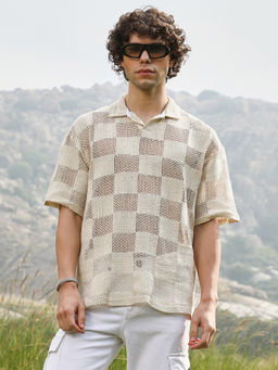 Campus Sutra - Men Off White Grid Oversized Polo T-Shirt