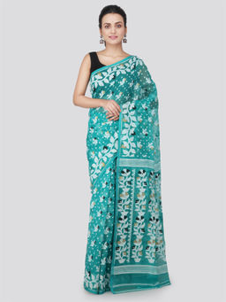 PinkLoom - Womens soft Jamdani Saree without Blouse -Turquoise