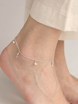 CLARA - 925 Silver Moon and Star Adjustable Chain Anklet Payal Single for Women and Girls