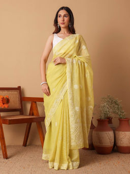 Chowkhat - Yellow Chikankari Kota Doria Saree with Unstitched Blouse