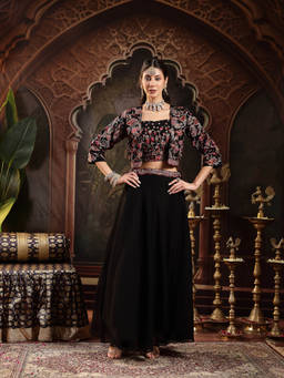 Stylum - Women's Black Embroidered Lehenga with Choli and Short Jacket