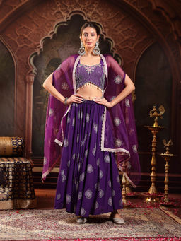 Stylum - Purple Women's Embroidered Lehenga with Choli and Cape