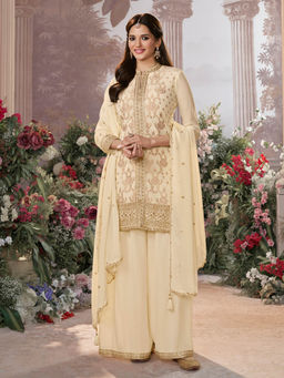 Seerat - Beige Embroidered Kurti with Palazzo and Dupatta