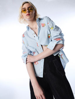 ONLY - Women's Striped Regular Fit Blue Shirt