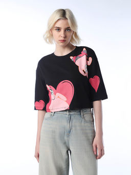 ONLY - Women's Printed Boxy Fit Black T-Shirt