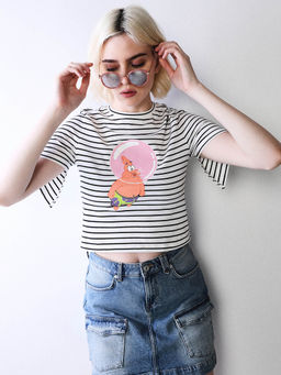 ONLY - Women's Striped Regular Fit White T-Shirt