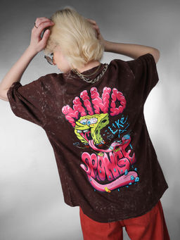 ONLY - Women's Printed Oversized Fit Brown T-Shirt