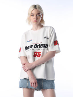 ONLY - Women's Printed Oversized Fit White T-Shirt