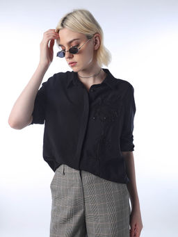ONLY - Women's Embroidered Regular Fit Black Shirt