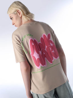 ONLY - Women's Solid Oversized Fit Beige T-Shirt