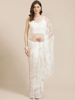 Odette - White Floral Embroidered Net Saree with Unstitched Blouse