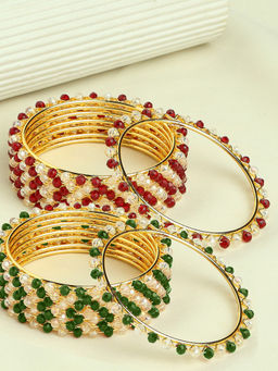 OOMPH - Combo Of 16 Gold Tone Bangle Set Maroon & Green Crystal Beads (2.6)