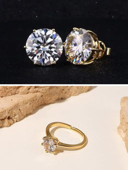 OOMPH - Gold Tone Solitaire Cubic Zirconia Delicate Jewellery Set Stud Earrings Ring