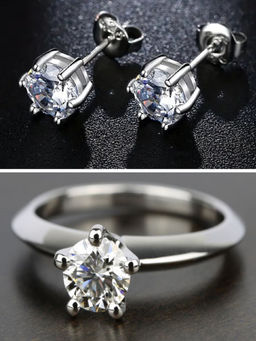 OOMPH - Silver Tone Solitaire Cubic Zirconia Delicate Jewellery Set Earrings Ring