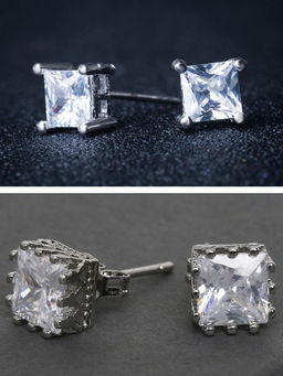 OOMPH - Silver Tone Square Cubic Zirconia Delicate Fashion Stud Earrings