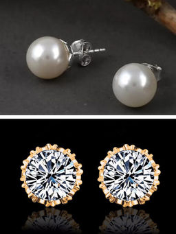 OOMPH - Gold Round Crown Cubic Zirconia White Pearl Ear Stud Earrings