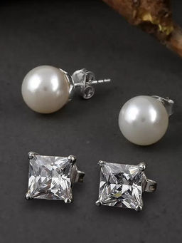 OOMPH - Silver Square Cubic Zirconia White Pearl Ear Stud Earrings