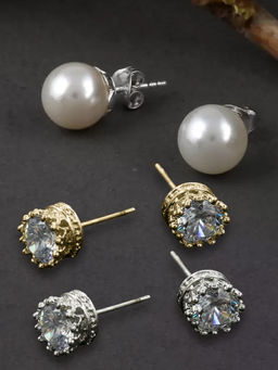 OOMPH - Silver Gold Crown Cubic Zirconia White Pearl Ear Stud Earrings