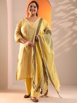 Extra love by Libas - Women Plus Size Yellow Woven Kurta with Pant and Dupatta