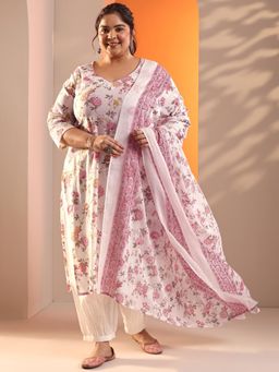 Extra love by Libas - Women Plus Size Off White Floral Kurta with Salwar and Dupatta