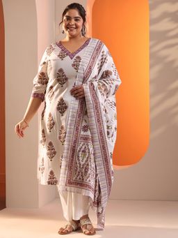 Extra love by Libas - Women Plus Size White Floral Kurta with Pant and Dupatta