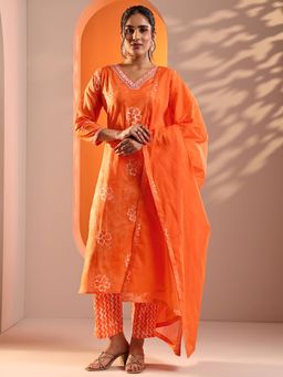 Libas - Women Orange Floral Kurta with Pant and Dupatta