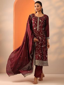 Libas - Women Maroon Embroidered Kurta with Pant and Dupatta