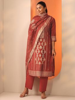 Libas - Women Rust Woven Kurta with Pant and Dupatta