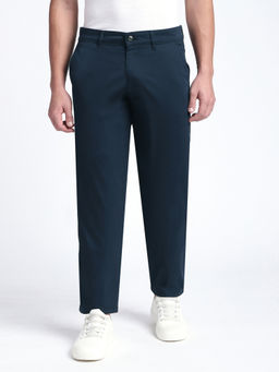 R&B - Men Navy Blue Solid Straight Casual Trouser