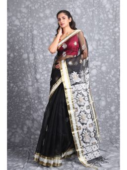 CHARUKRITI - Black White Woven Design Pure Silk Saree with Unstiched Blouse