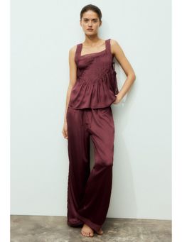 H&M - Women Red Pintucked Satin Pyjamas With Top